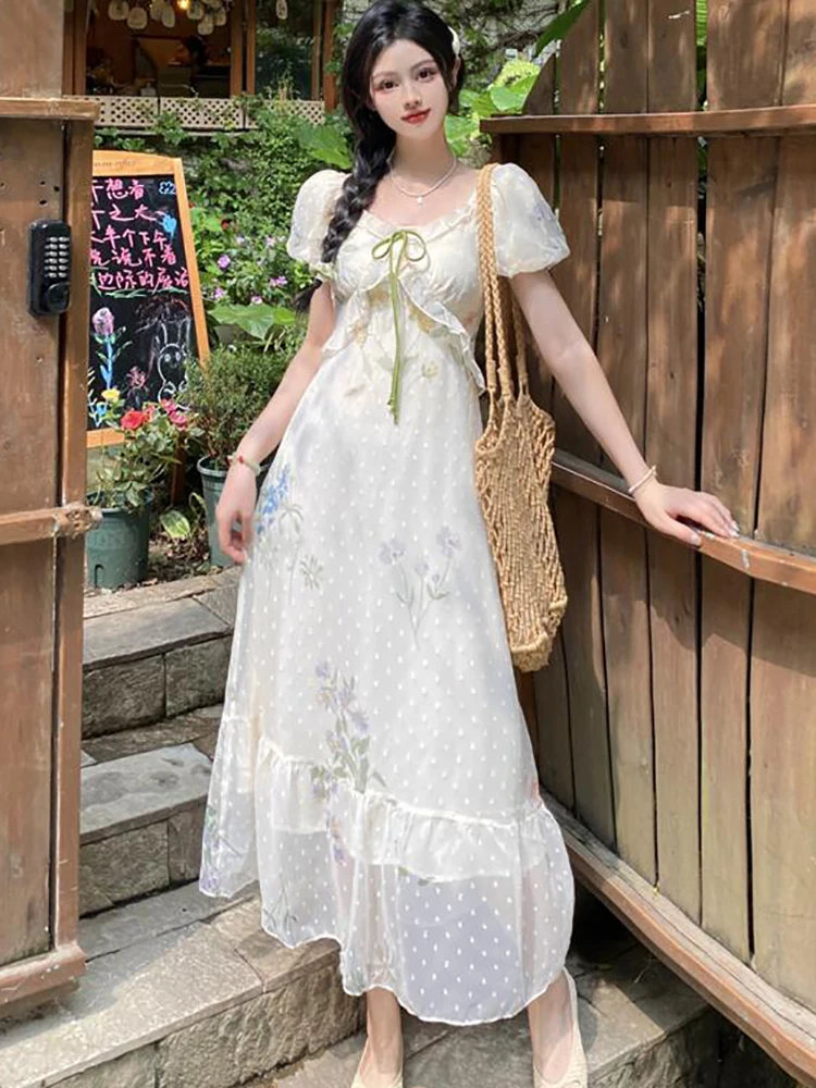 2025 Boho Floral Puff Sleeve Bow Square Collar Dress Women Elegant Casual Ruffled Beach Dress Summer Korean Bodycon Party Dress