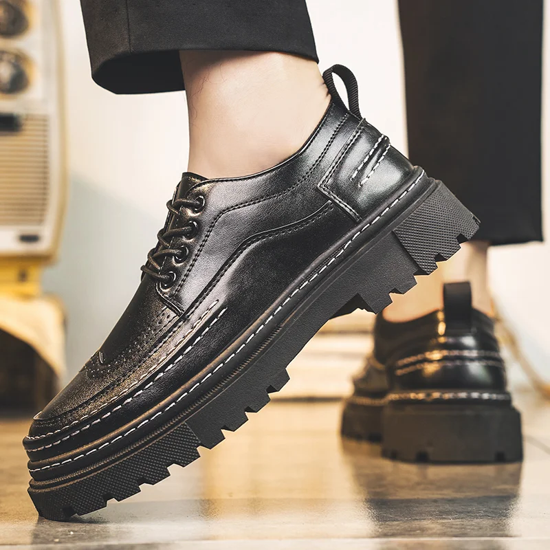 Men's Retro Casual Shoes Spring Autumn Fashion Workwear Low Top Thick Sole Lace up Height Increasing Niche Men's Footwear