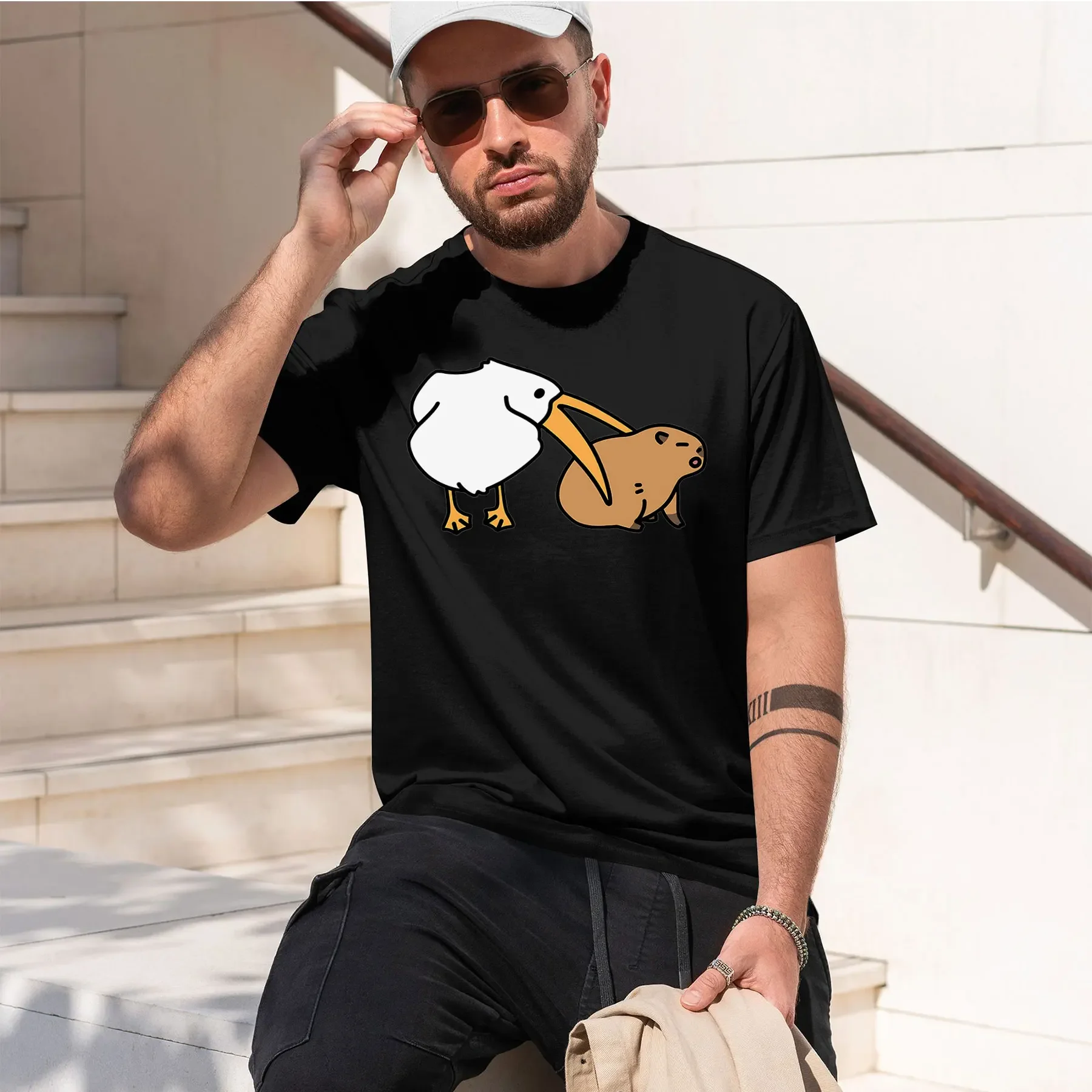 Pelican Tries to Eat Capybara Orange Funny Cute Kawaii2026 new fashion heavyweight hot selling retro printed pattern fun round n