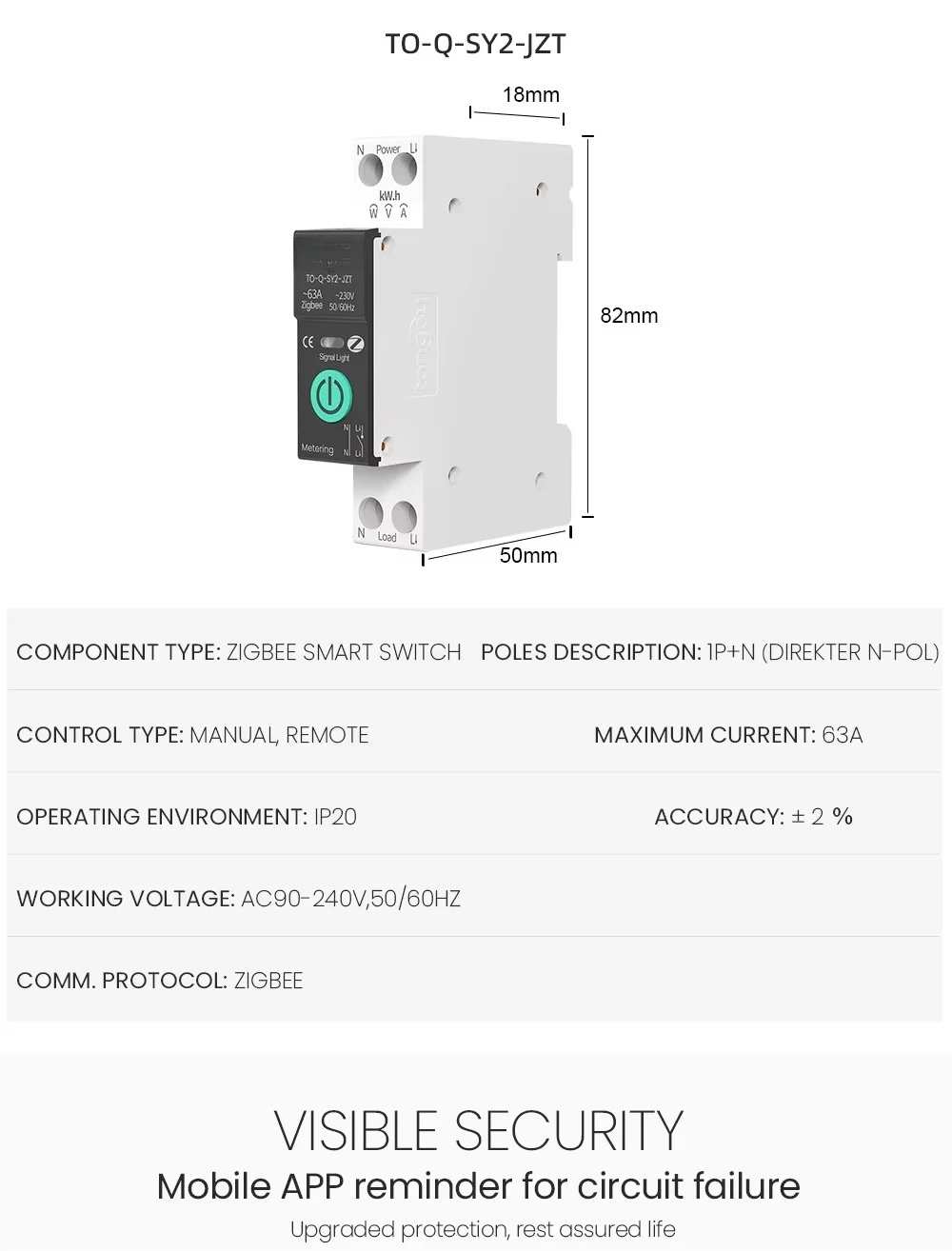 Mini interruttore automatico API Zigbee Smart Life 1P 63A con contatore di energia con telecomando wireless