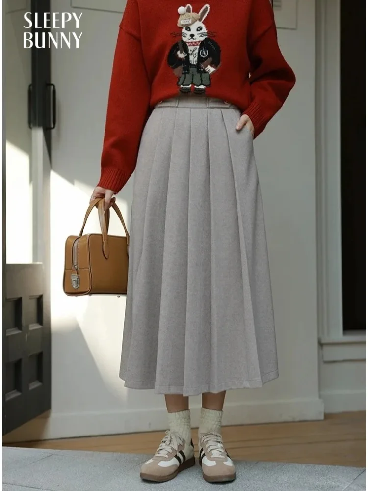 Jupe mi-longue plissée en mélange de laine Preppy pour femme, taille haute, ligne a, jupe d'hiver élégante, épaisse, longue, détail de boutons, usage quotidien