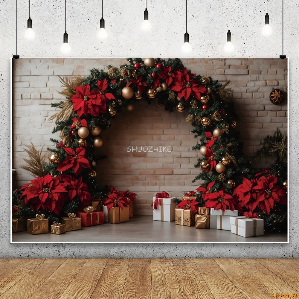 Christmas Photography Backdrop Green Leaves Red Flowers Arch Gold Bells Gifts Baby Kids Portrait Photo Background Photostudio