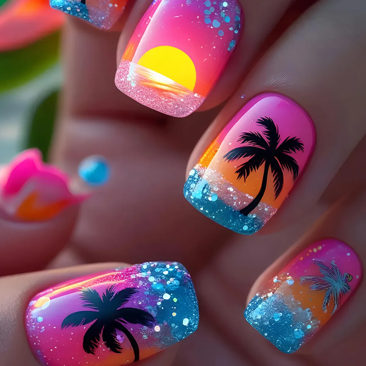 24pcs/set Short Medium Long Fake Nails Gradient Purple Yellow Blue Sunset Y2K Square Almond Summer Tips Press On False Nails Art