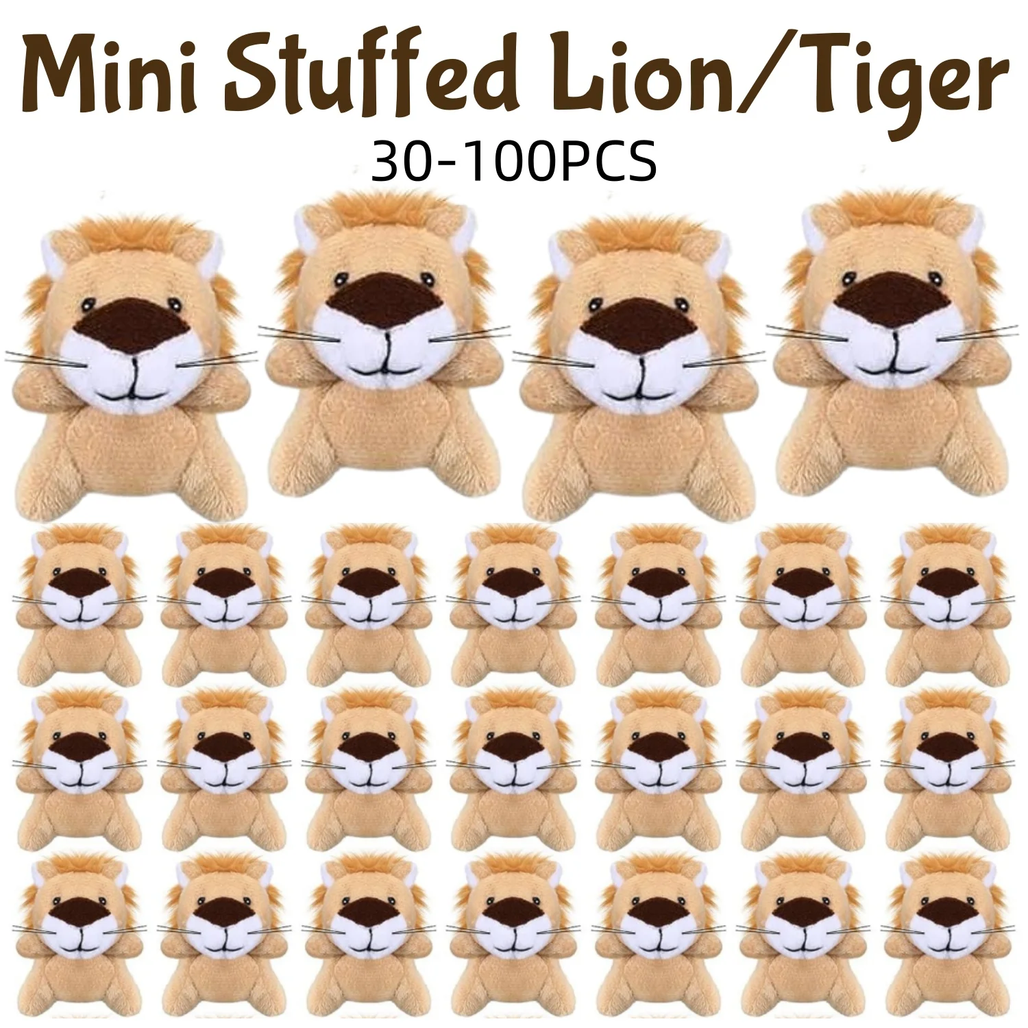 30-100PCS Mini Animal Lion/Tiger Plush Toys 6.5cm Small Stuffed Lions/Tigers Bulk for Party Favors Classroom Prize Bags