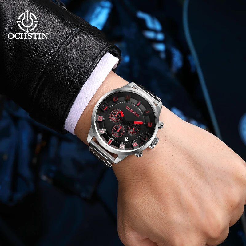 OCHSTIN Mens Multi-function Quartz Movement Wristwatch Male Stainless Steel Strap Stylish Pilot Series Waterproof Clock Man
