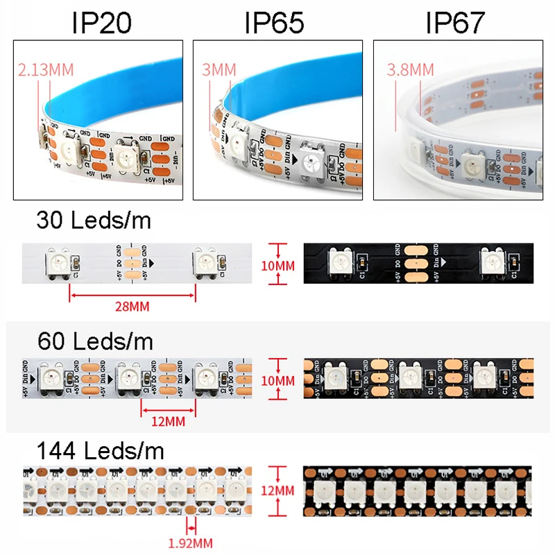 Ws2811 ws2812b ws2813 ws2815 pixel led streifen individuell adressierbar ic 144 rgb voll farbig 30/60/pixel/led band licht