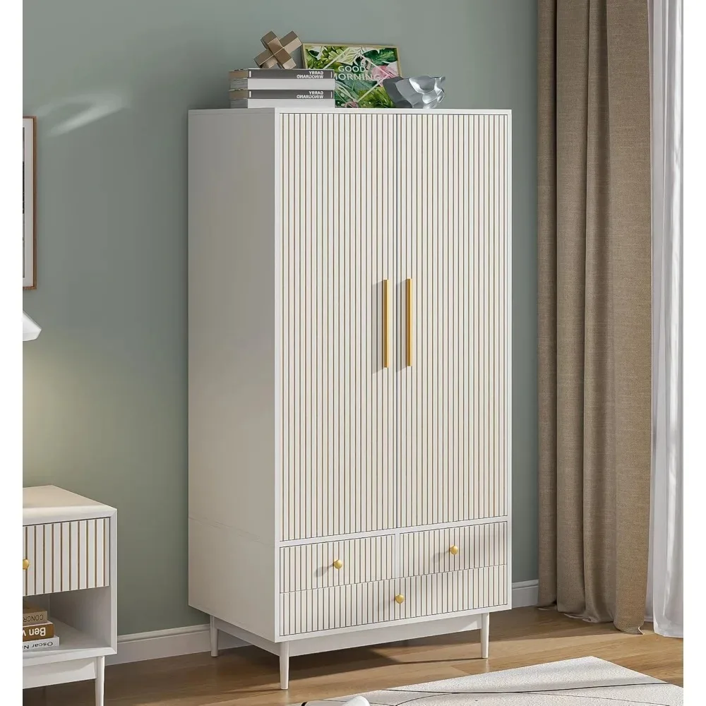 

Armoire Wardrobe Closet with Drawers and 2 Fluted Doors 64.96 in Tall Farmhouse Closet Wardrobe Cabinet with Hanging Rod Freesta
