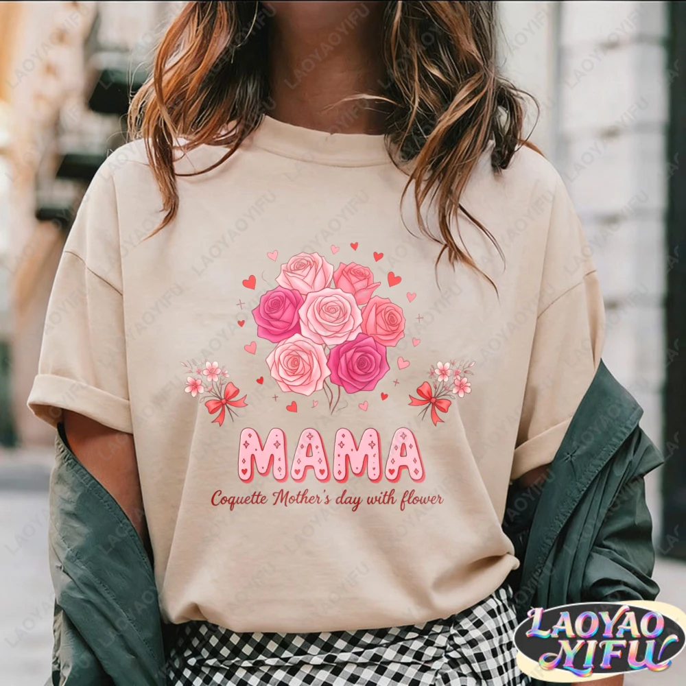

Flower Bouquet Mama Mother's Day Design Unisex Cotton T-Shirt Casual Style Spring Summer Gift For Mom Fashion Trendy Top