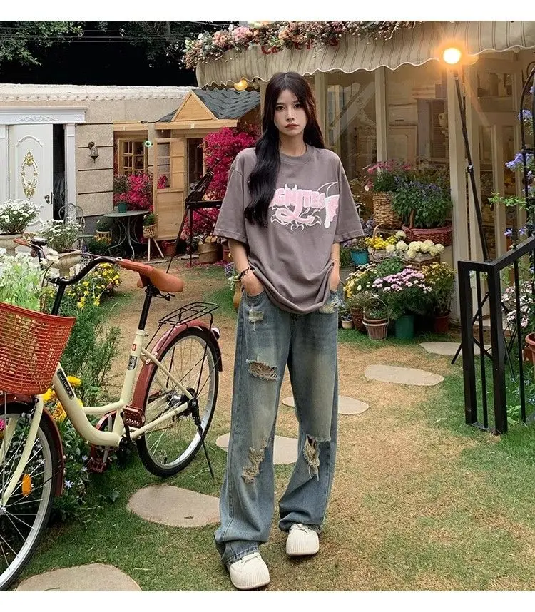 المتعثرة عالية الخصر فضفاضة المرأة الجينز ممزق السراويل استرخاء صالح بناطيل كاجوال فضفاض واسعة الشارع الشهير موضة السراويل النسائية #4