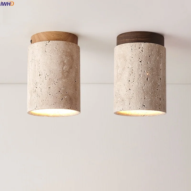 

IWHD Vintage Wabi Sabi LED Ceiling Lights Living Room Bathroom Stair Home Interior Yellow Travertine Ceiling Lamp Lampy Sufitowe