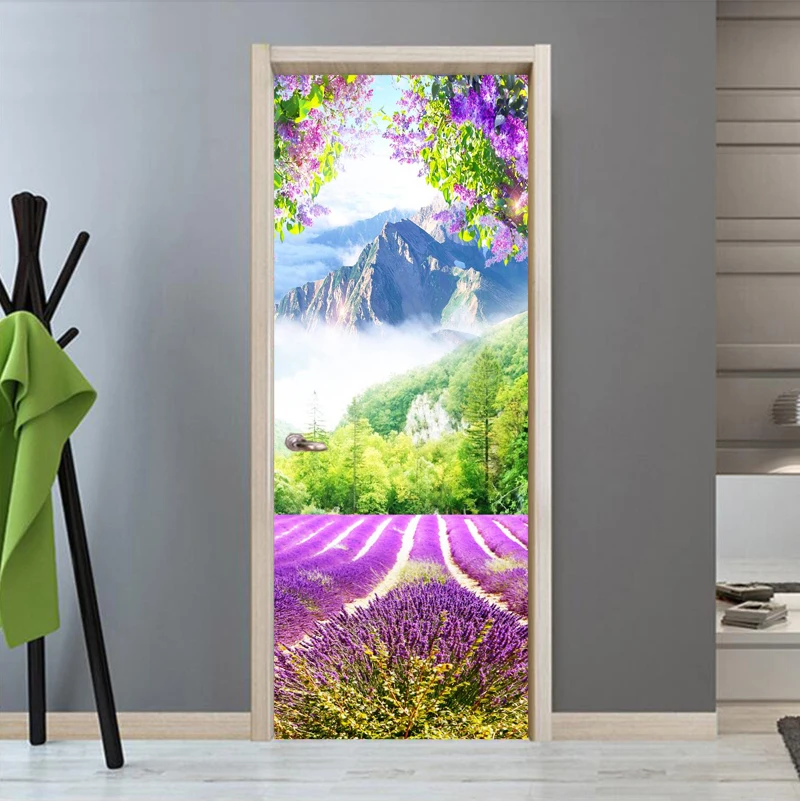 

Papel de parede forest landscape purple flower field blue mountain door sticker bedroom door wallpaper mural , home decoration