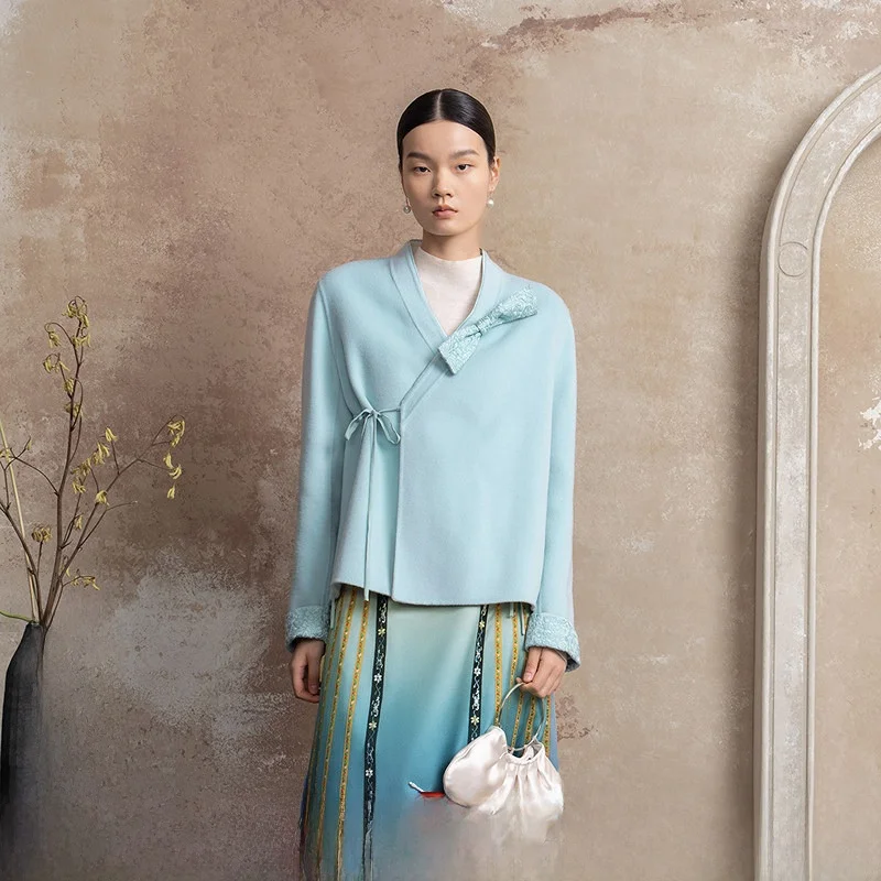 

Винтажное двустороннее шерстяное пальто женское, новое, в китайском стиле, с узлом, двусторонняя шерстяная куртка прямого кроя с длинными рукавами