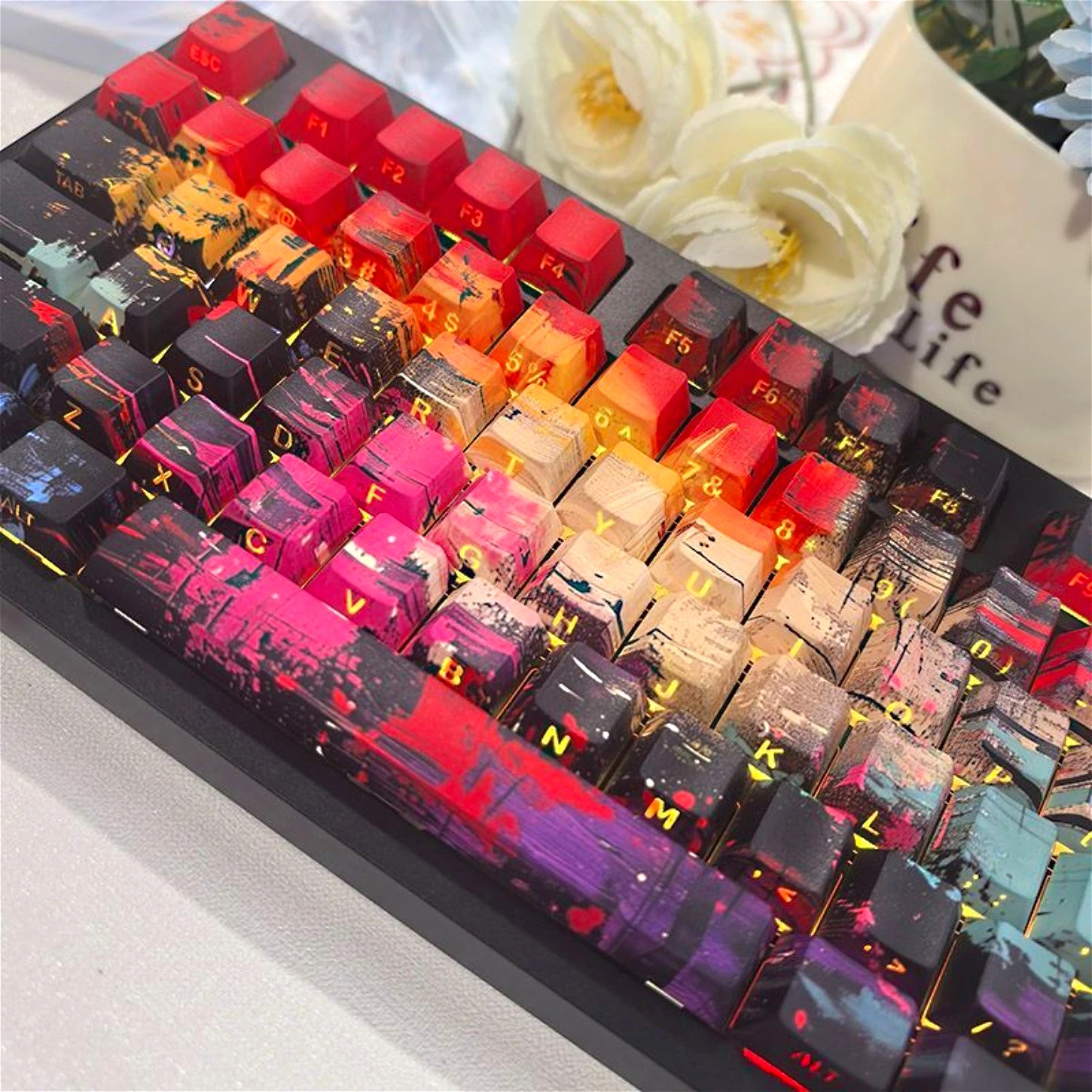 Oil Painting Graffiti Side Carving Translucent Cherry Keycap PBT 100 Keys Suitable for 87 75 64 Mechanical Keyboard