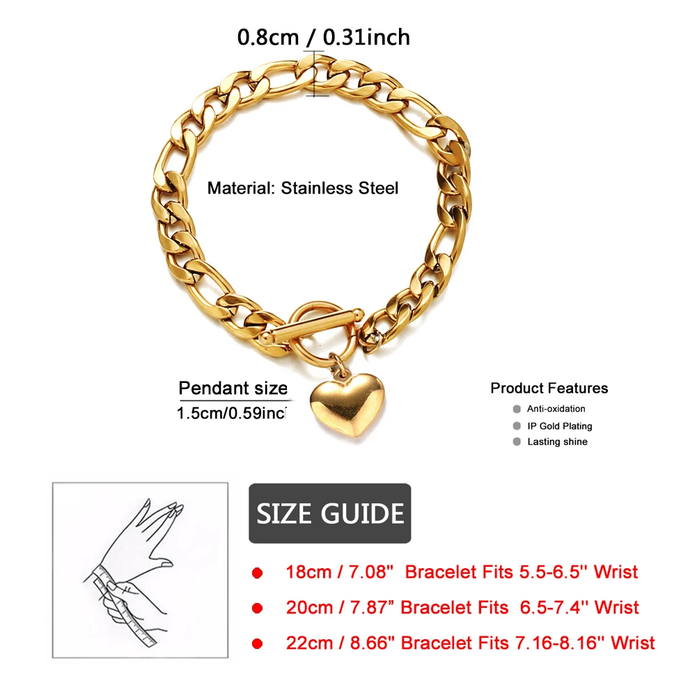 MinaMaMa Stainless Steel Figaro Chain Puffy Heart Charm Bracelet For Women Fashion Chunky Bracelet Jewelry Gifts