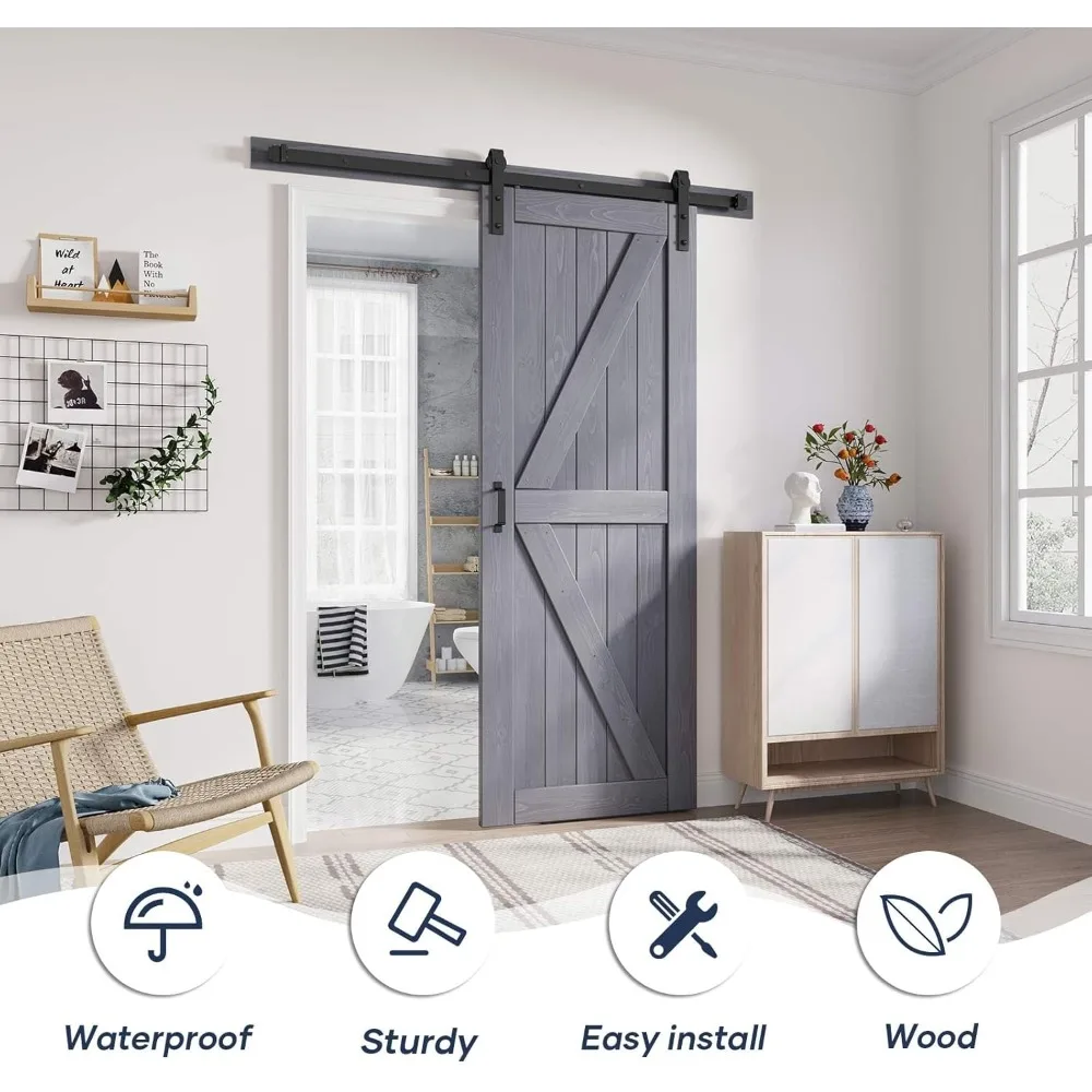 Gray Wood Door Slab with 5.5ft  Barn Door Hardware Track Kit and Handle Floor Guide Included, Double Surfaces prefab house