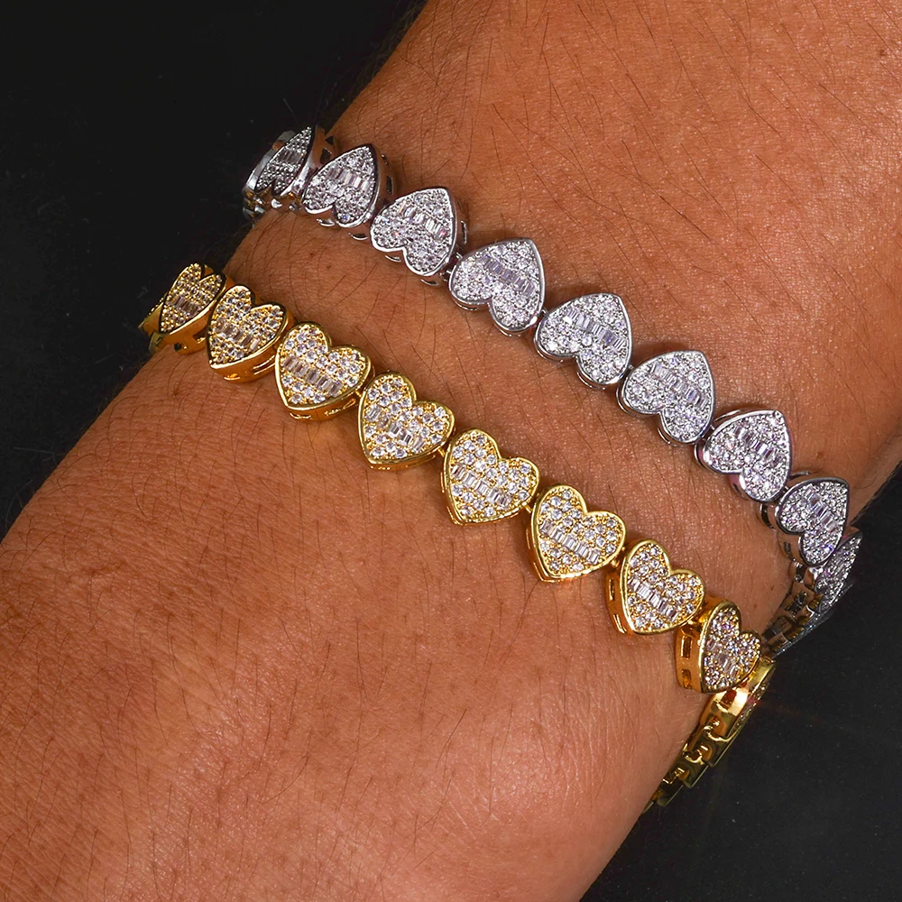 

ESKEEM 8mm Iced Out Baguette Heart Tennis Chain Bracelet Silver Plated Zircon Mixed Inlay Hip Hop Women's Fine Jewelry
