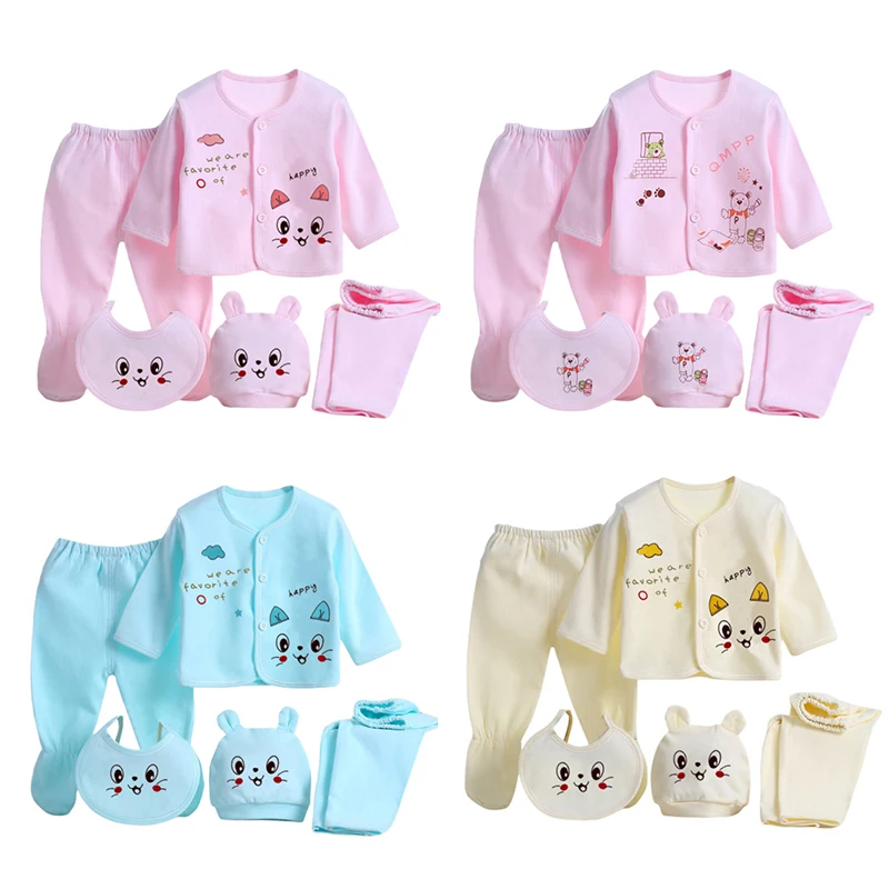 5pcs/Set Newborn Baby Clothing Set Cartoon Infant Boys Girls Clothes Suits Cotton Soft Cute Cat Newborn Outfit Baby Sets ﻿