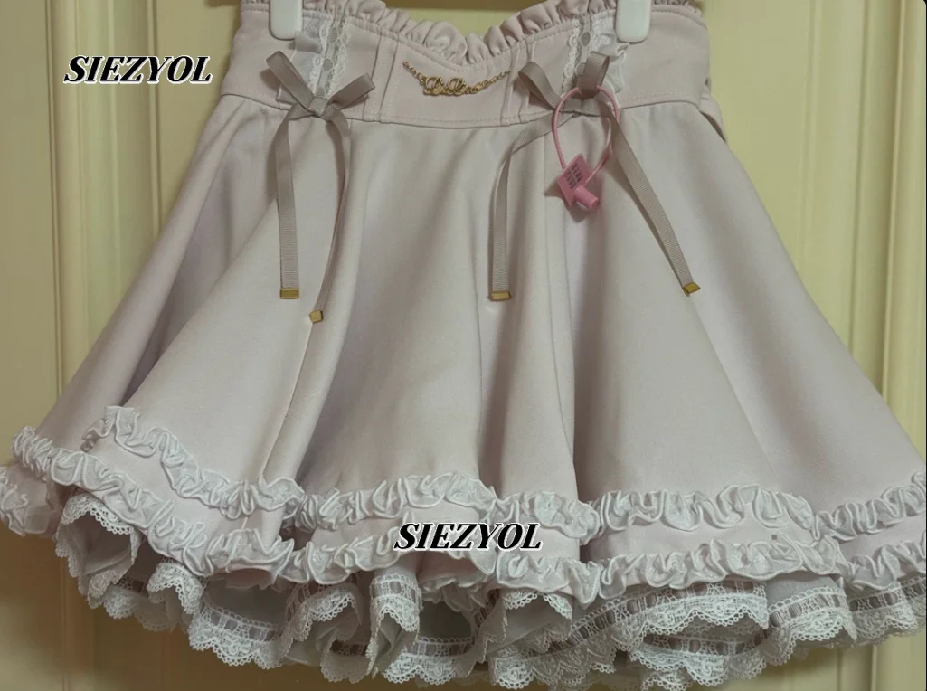 Liz Lolita Short Skirt High-waisted Ruffle Trim Bow Culottes Skirt New Sweet Kawaii A- Line Puff Mini Skirts for Summer