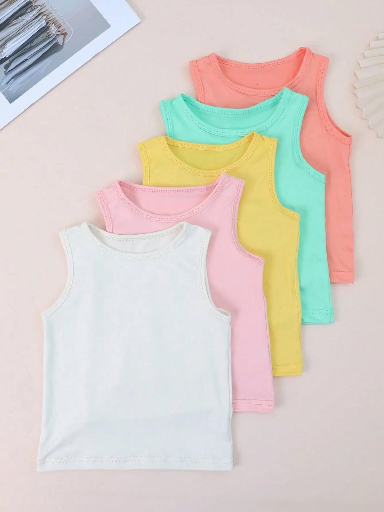10Pcs Kids Girls Tank Tops Set Solid Color Sleeveless Tees Polyester Spandex Soft Breathable Casual Vests for 2-11Years Children