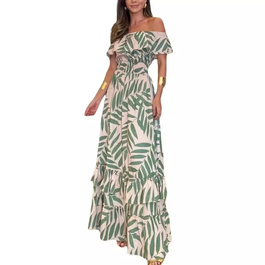 Vestidos de verano para mujer 2025 Casual playa fuera del hombro manga corta ahumado sin espalda Boho Floral Pritning vestido largo largo