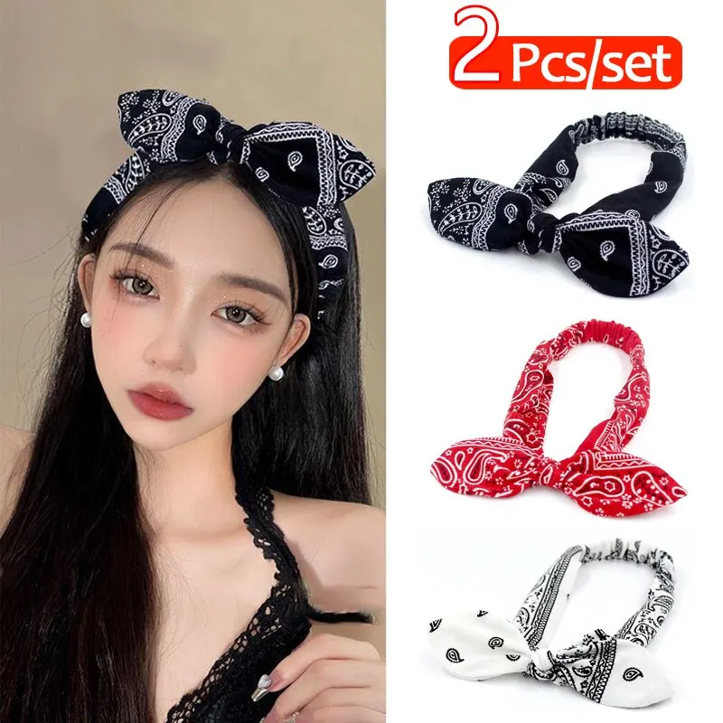 2 Pcs Printed Rabbit Ear Knotted Hair Band With Cashew Nut Printed Fabric Cross Elastic Headband Headwear