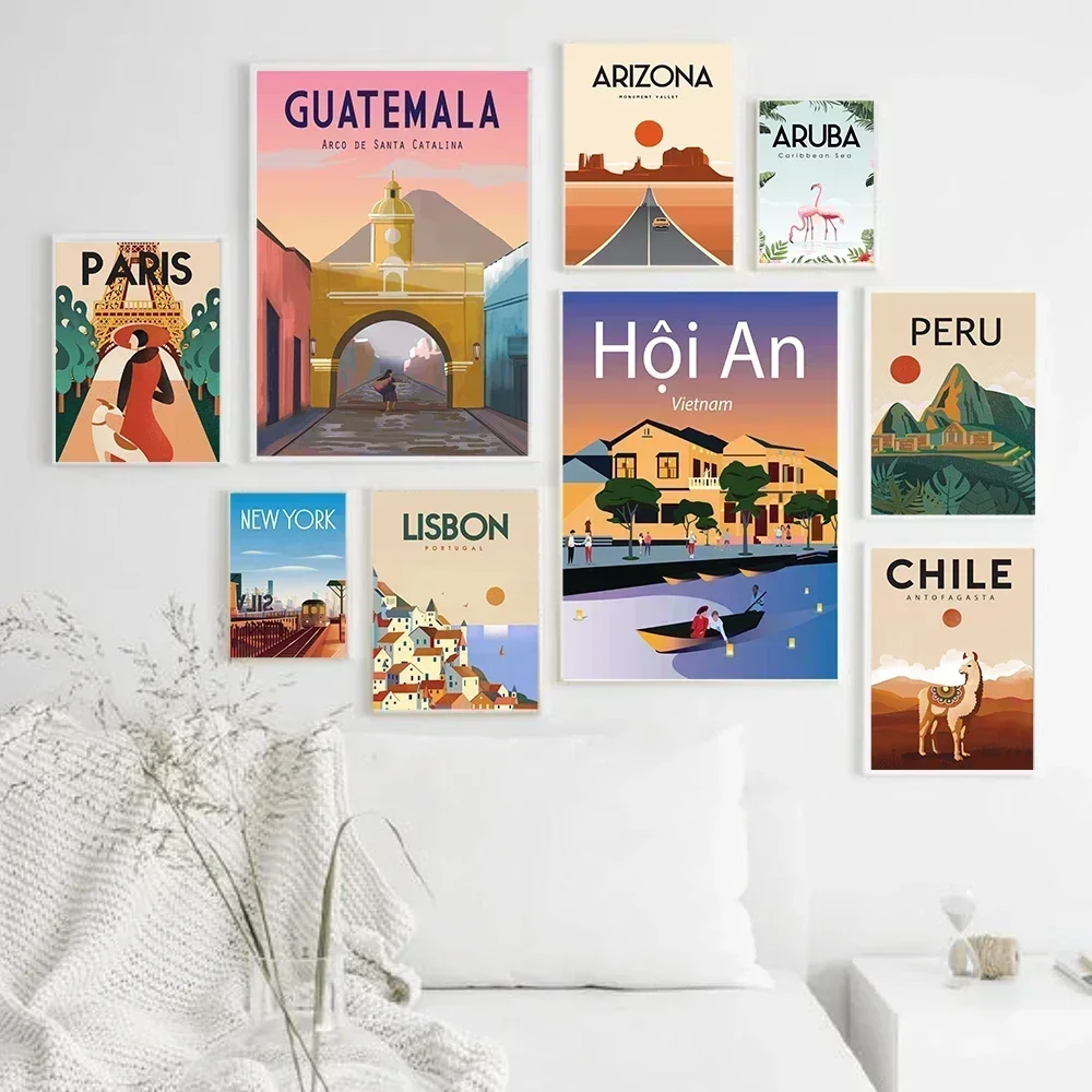 Famous City Travel Poster Cartoon New York Paris Chile Aruba Landscape Canvas Painting Wall Art Picture Living Room Decoratio