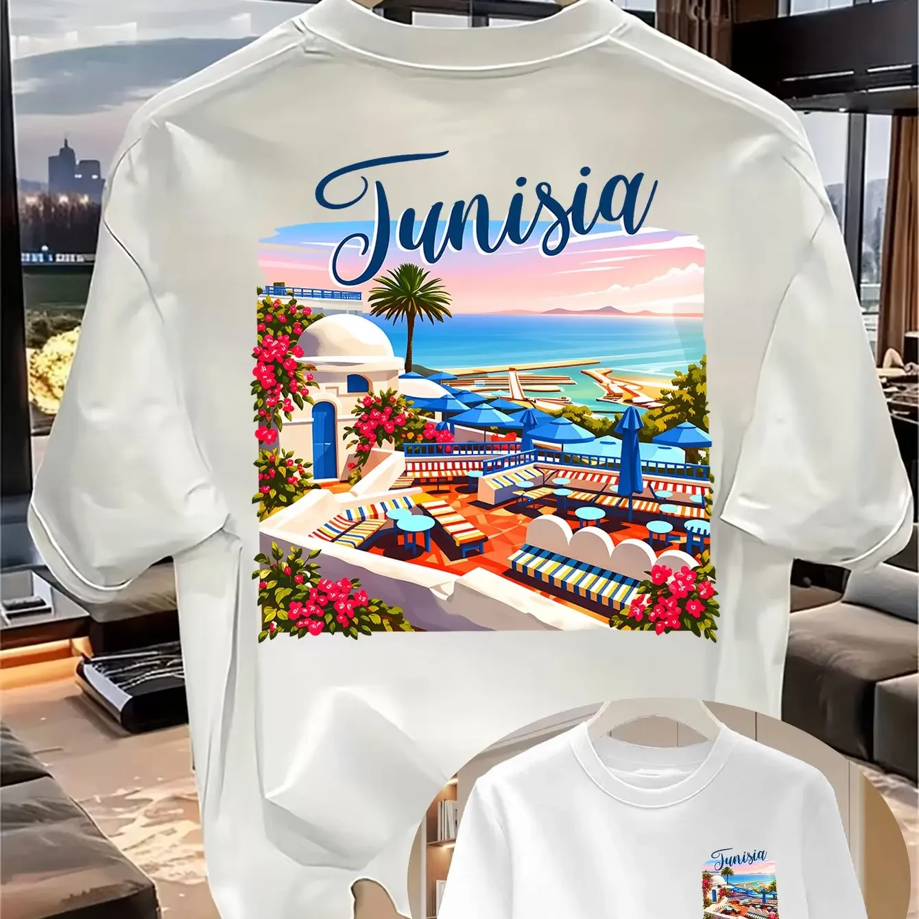Tunisian Mediterranean Coast Resort Pattern Men's 100% Cotton T-Shirt Breathable Crew Neck Loose Short SleeveTravel Souvenir Top