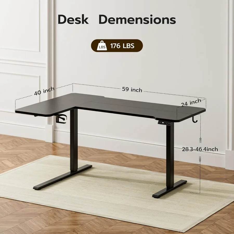 مكتب قائم بارتفاع قابل للتعديل على شكل حرف L مقاس 59 بوصة للمكتب المنزلي وإعداد الألعاب، طاولة كمبيوتر كهربائية مع عكس