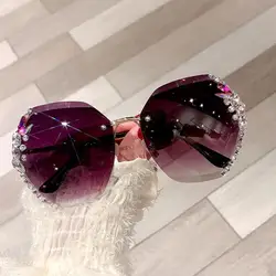 Luxury Brand Design Vintage Rimless Rhinestone Sunglasses Women Men Fashion Gradient Lens Sun Glasses Shades for Female 2024