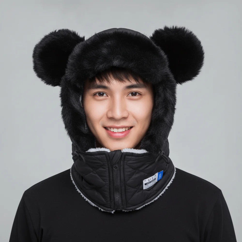 Thick Hooded Scarf Hat Fleece Lined Full Coverage Unisex Balaclava Soft Fabric Zipper Closure Winter Face Mask Adults
