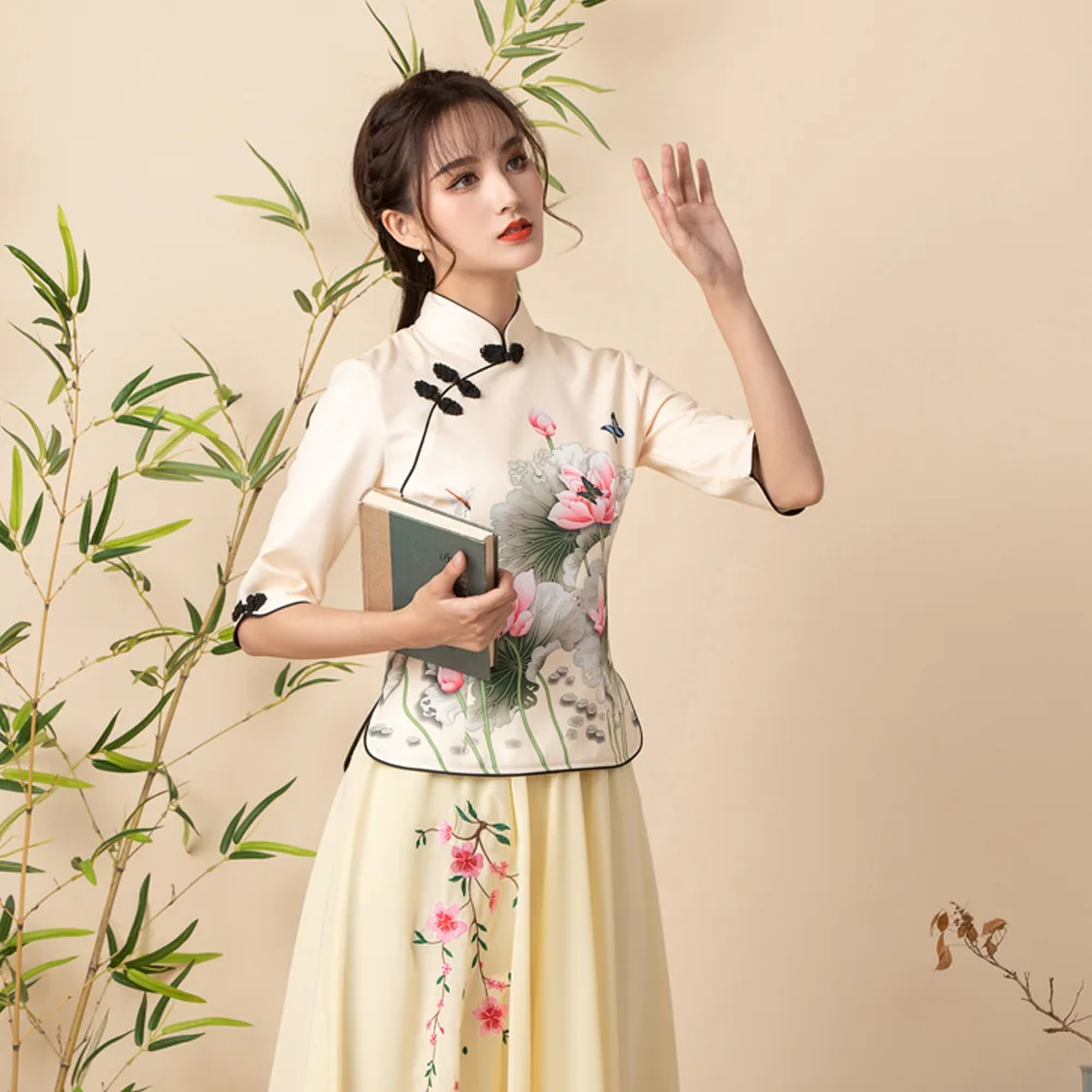 

Youqipao Summer Improved Cheongsam Elegant Vintage Floral Print Show Performance Qipao Chinese Traditional Dress Hanfu for Women