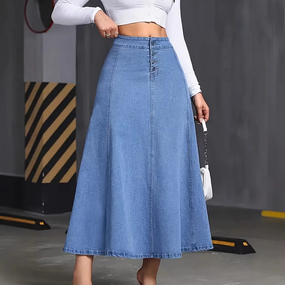 Women's Denim Skirt Pure Color Button Hemline Half-length Skirt Loose Fit Spring Season Fashion Trend from China