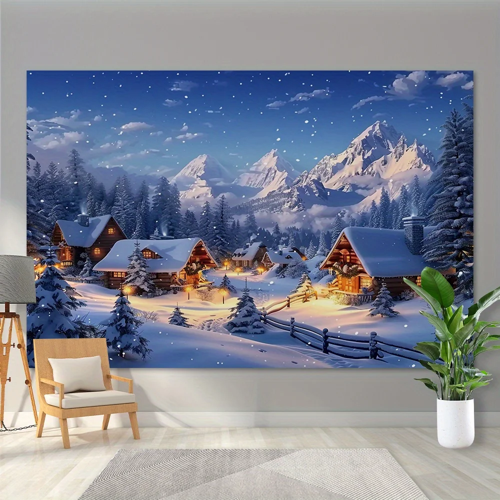 A polyester Christmas village and snow-capped mountain background cloth for a multi-functional winter scene banner, festive