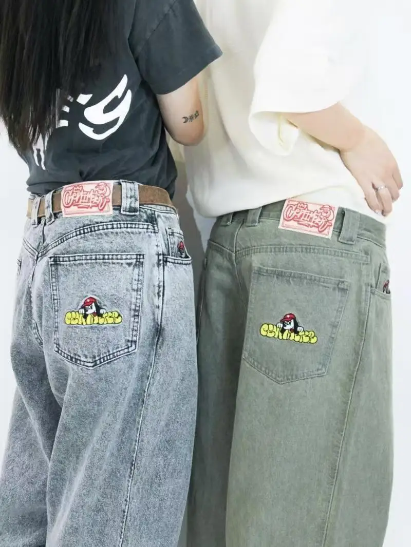 

Tin7 Американские джинсы с завышенной талией в стиле ретро с вышивкой для скейтбординга, уличных танцев, собачьи прямые длинные брюки, повседневные свободные брюки...