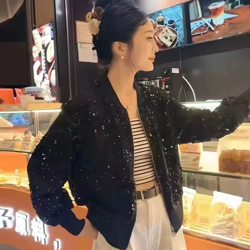 Pop Pop Fashion Sparkly Sequin Short Jacket Women Spring Autumn Loose Casual Thin Basic Coat Long Sleeve Baseball Uniform Outerw