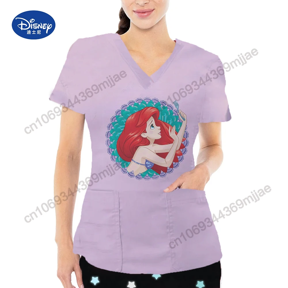 Disney Cartoon Pattern Women\'s T-Shirt V-neck Design Style T-shirts 2024 New Fashion Women Clothing Double Pocket Cute Clothes