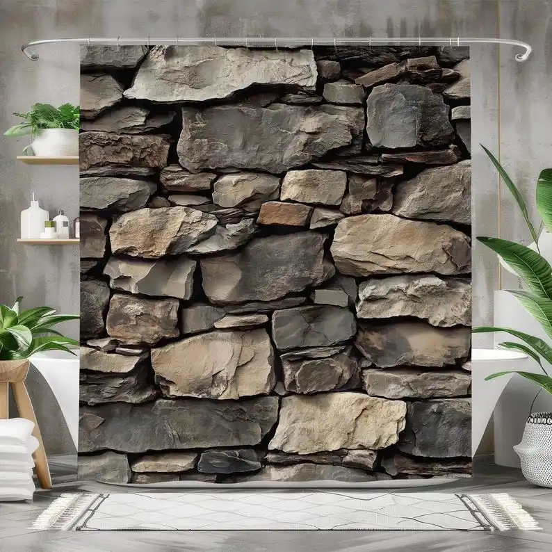 Stone Wall Shower Curtain, Waterproof Fabric Bath Curtain, Rustic Bathroom Decor, Realistic Rock Wall Design
