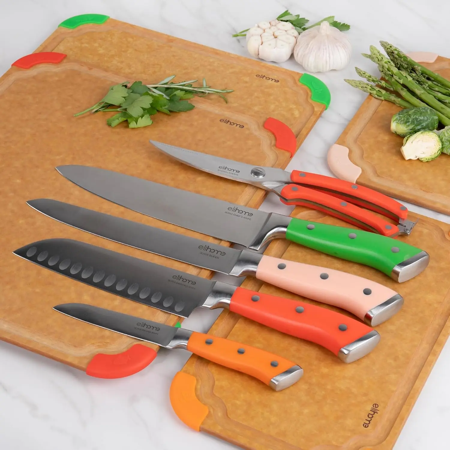 Cutting Board & Kitchen Knife Set, Color-Code Cutting Board Set with Food Icons, Non-Slip Feet