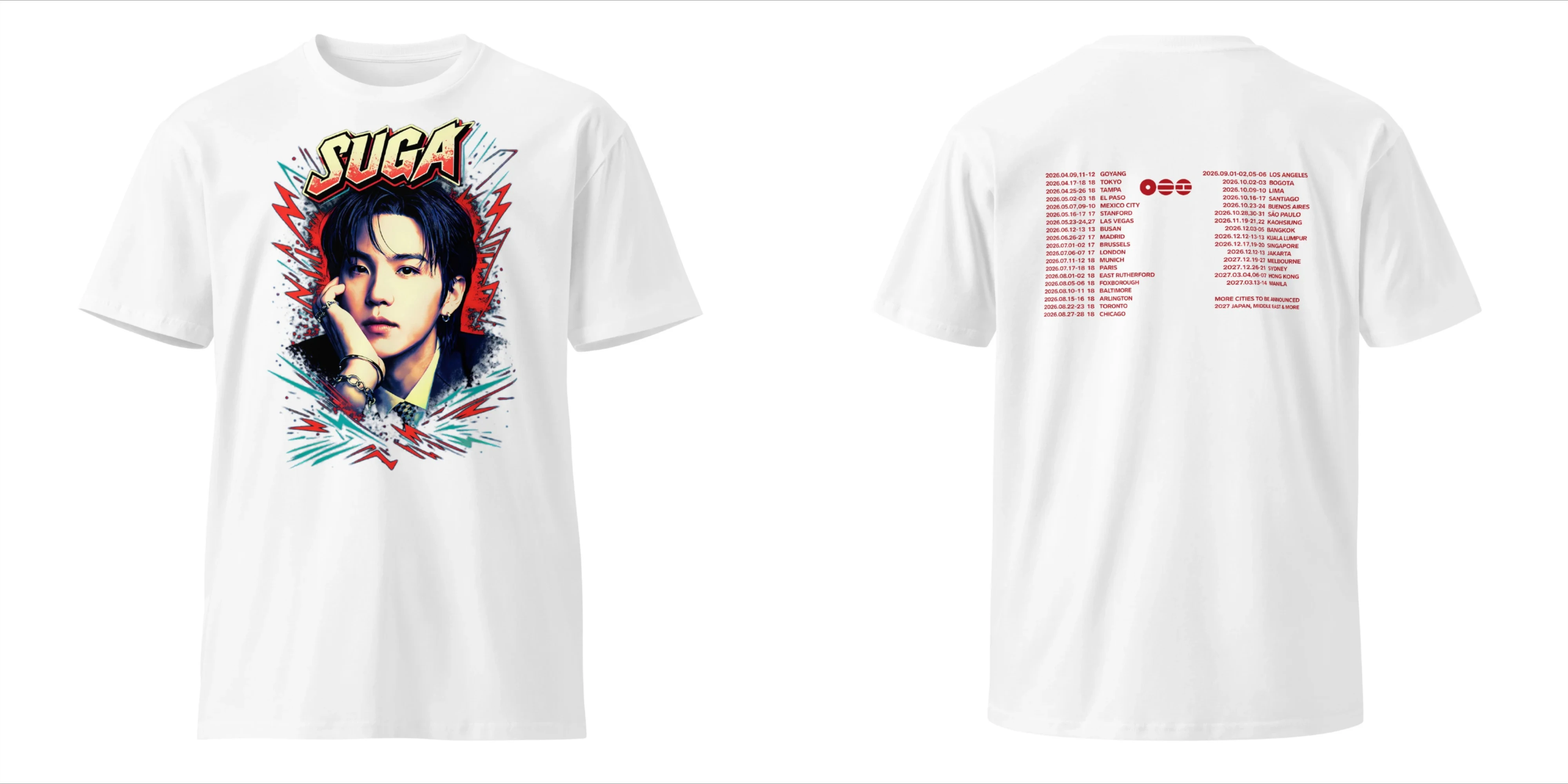 BTS Suga Taehyung 2026 World Tour Doppelseitiges Grafik-T-Shirt mit Porträt und Tour-Städtenliste Kpop-Fans T-Shirt für Männer, Frauen und Kinder – Detail 10