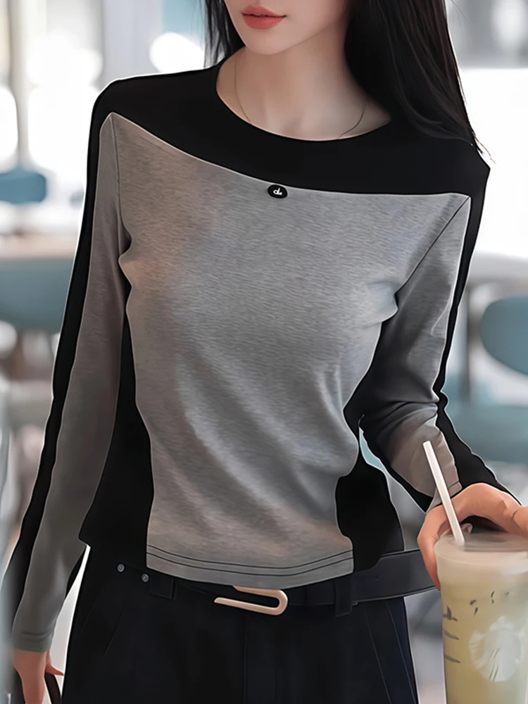 Women's Long Sleeve Pure Cotton Base Tee T-Shirt Korean Style Commute Fashion Inner Wear Top Color Block Design Breathable