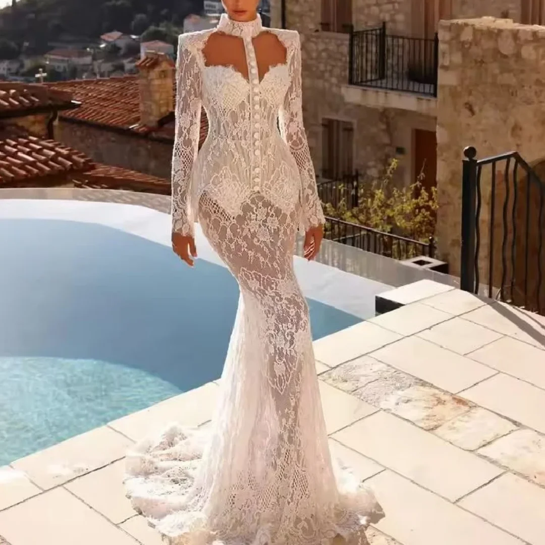 

Свадебные платья русалки с аппликацией, кружевные свадебные бальные платья в стиле бохо с длинными рукавами, сексуальные ажурные платья Vestidos De Novia по индивидуальному заказу