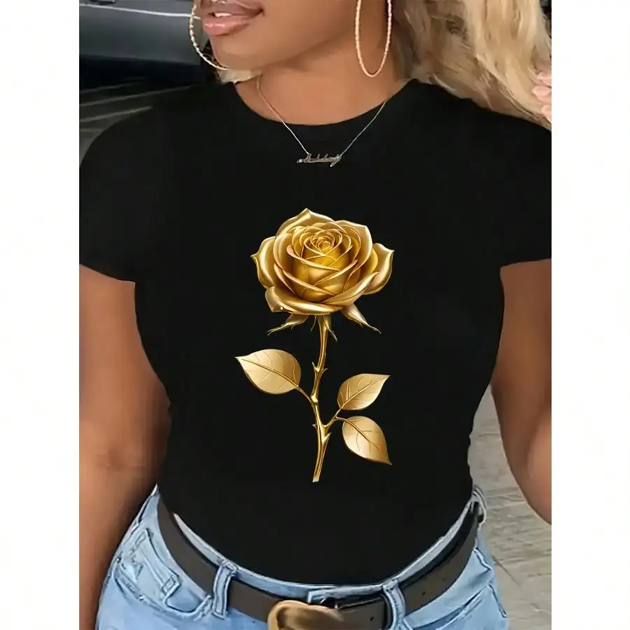 

Chic Plus-Size Golden Rose Graphic Tee - Vibrant Yellow Short Sleeve, Casual Round Neck T-Shirt For Women, Machine Washable