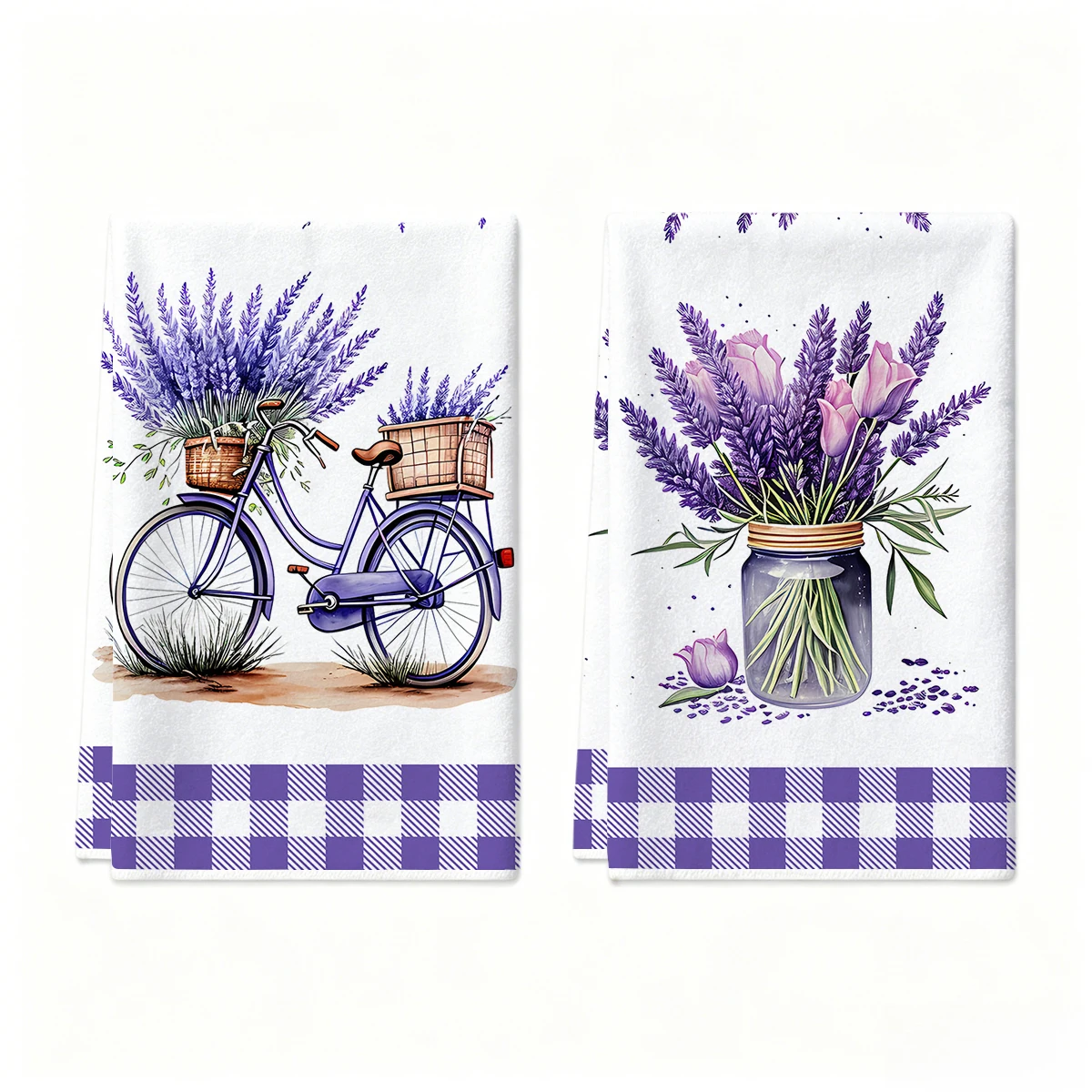 2pcs purple lavender printed kitchen tea towels, kitchen drying dishwashing towels, multifunctional kitchen dining table towels
