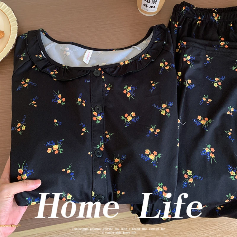 طقم بيجامات ربيعية للسيدات مقاس كبير 125 كجم بأكمام طويلة كريب ملابس نوم للطلاب سترة فضفاضة من القطن والحليب الناعم ملابس منزلية