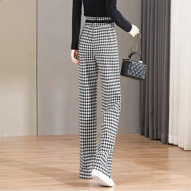 Thousand Bird Lattice Wide Leg Pants Women Harajuku High Waist Casual Pants Female Spring Fashion Loose Straight Trousers