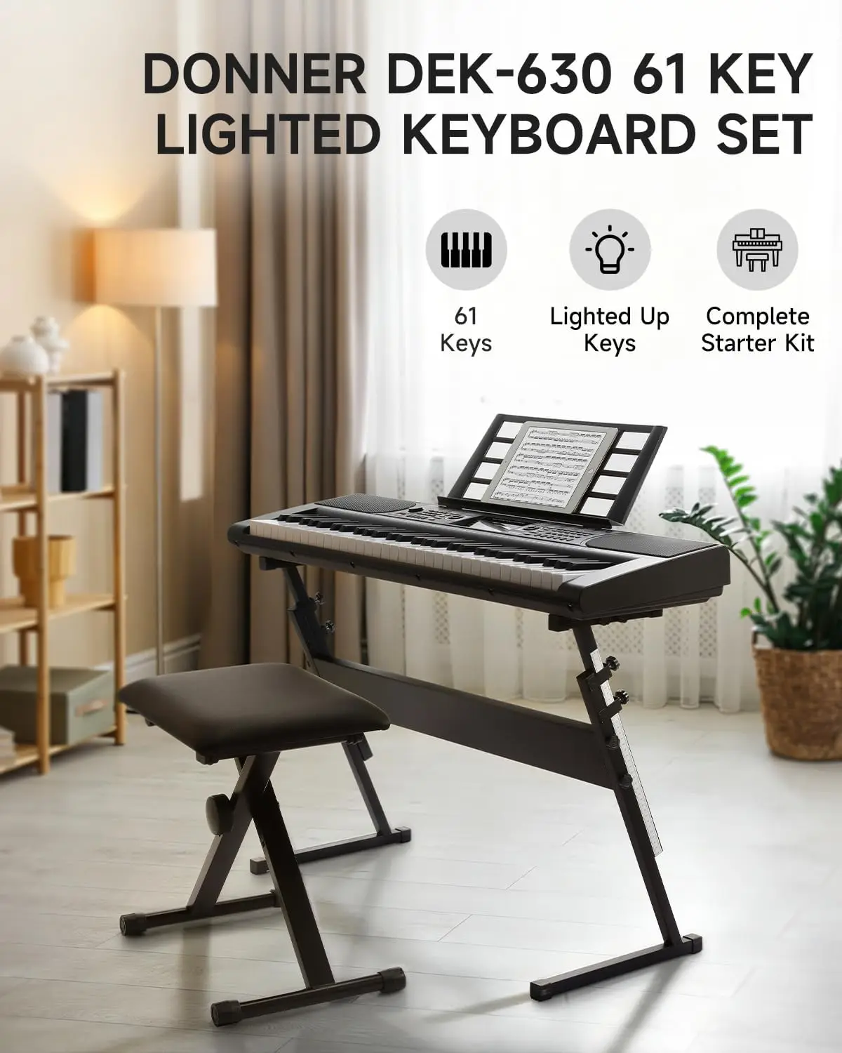61-Key Electric Piano Keyboard Set for Beginners, Black, with Lighted Keys, LCD Display, 300 Tones & 256 Rhythms, Learning Modes, Z-Stand and Bench, Complete Starter Kit