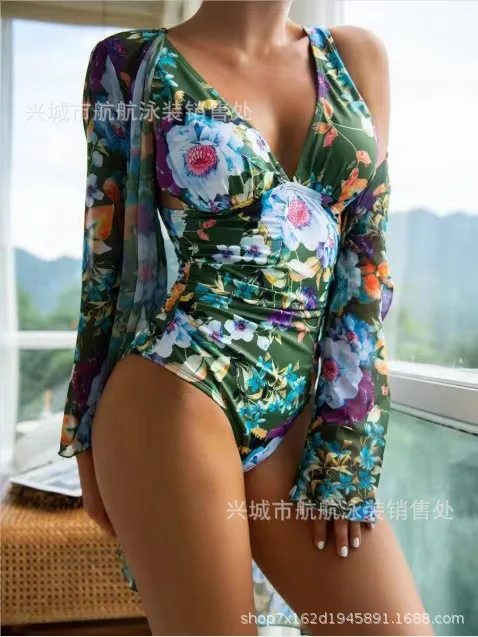 Новинка 2025 года, блузка с длинными рукавами, бикини, цельный облегающий купальник с v-образным вырезом и цветочным принтом, женский купальник со сборкой с открытой спиной