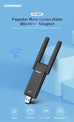 Imagen 2 del producto Adaptador Comfast AX900 WiFi6 BT5.3 2,4G y 5GHz 900Mbps WiFi adaptador Free-Drive USB WiFi Bluetooth Adaptador WiFi 6 USB Win 10/11