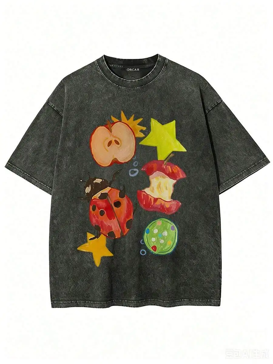 100% Cotton, Apple-Gnawing Bug Printed T-Shirt, Suitable For Casual Attire, Easy To Wear In Summer, Comfortable Short-Sleeved Outdoor Holiday Sports,