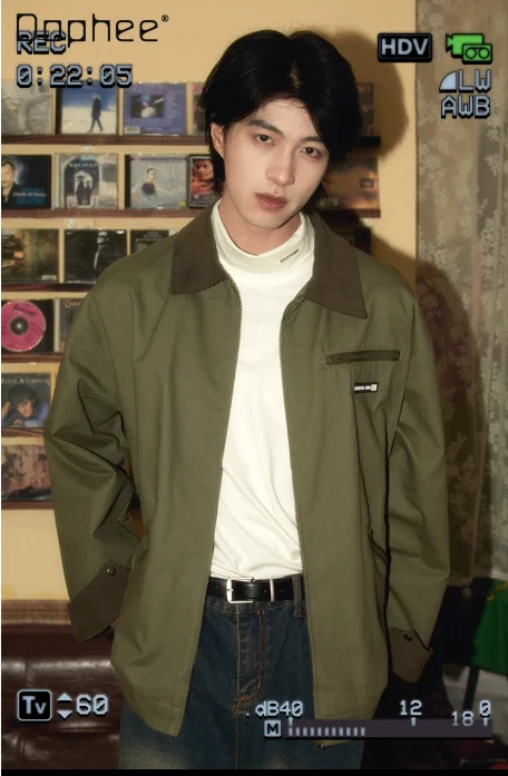 

Spring and Autumn New Vintage Men's Green Patchwork Lapel Jacket Couple Style Loose Casual Coffee Color Khaki Jacket